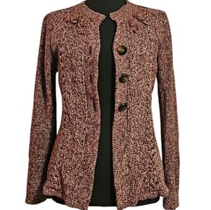 Vintage Knitted Cotton Cottagecore Marled Floral Maroon Button Cardigan Sz S